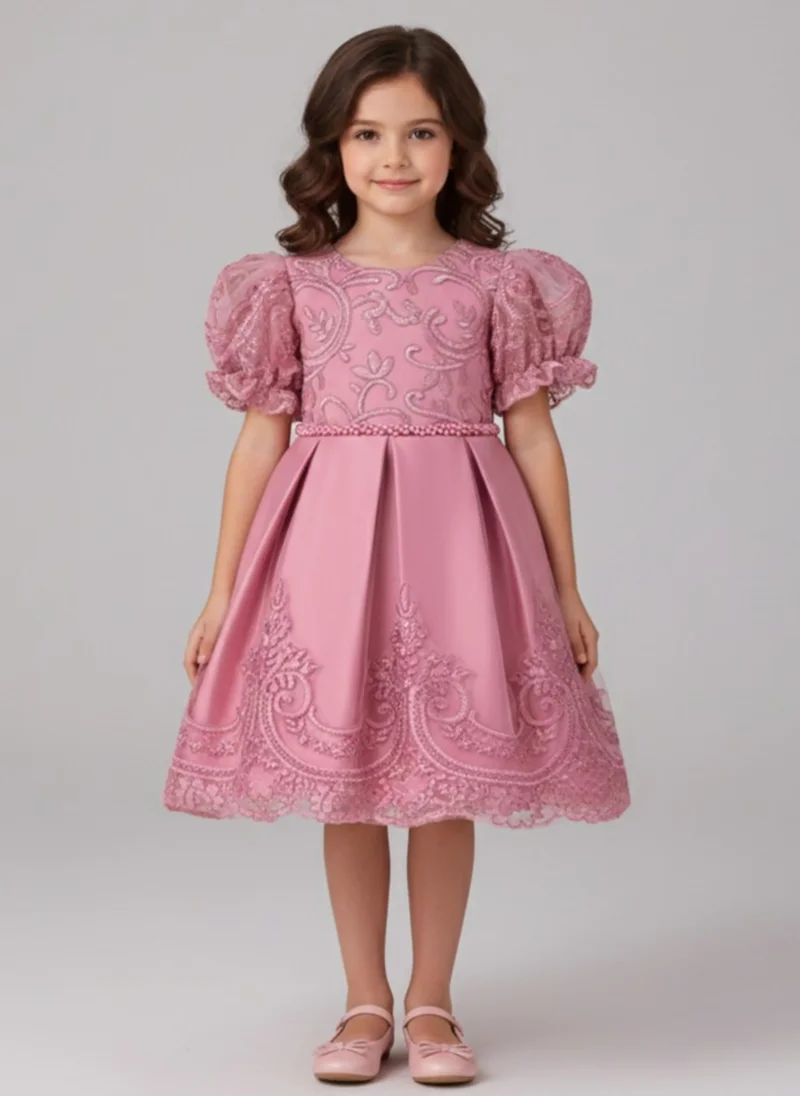 babyqlo Girls Pink Embroidered Satin Party Dress